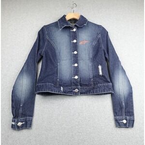 AlpineStars Denim Jacket Womens Small Blue Medium Wash Button Distressed Cropped